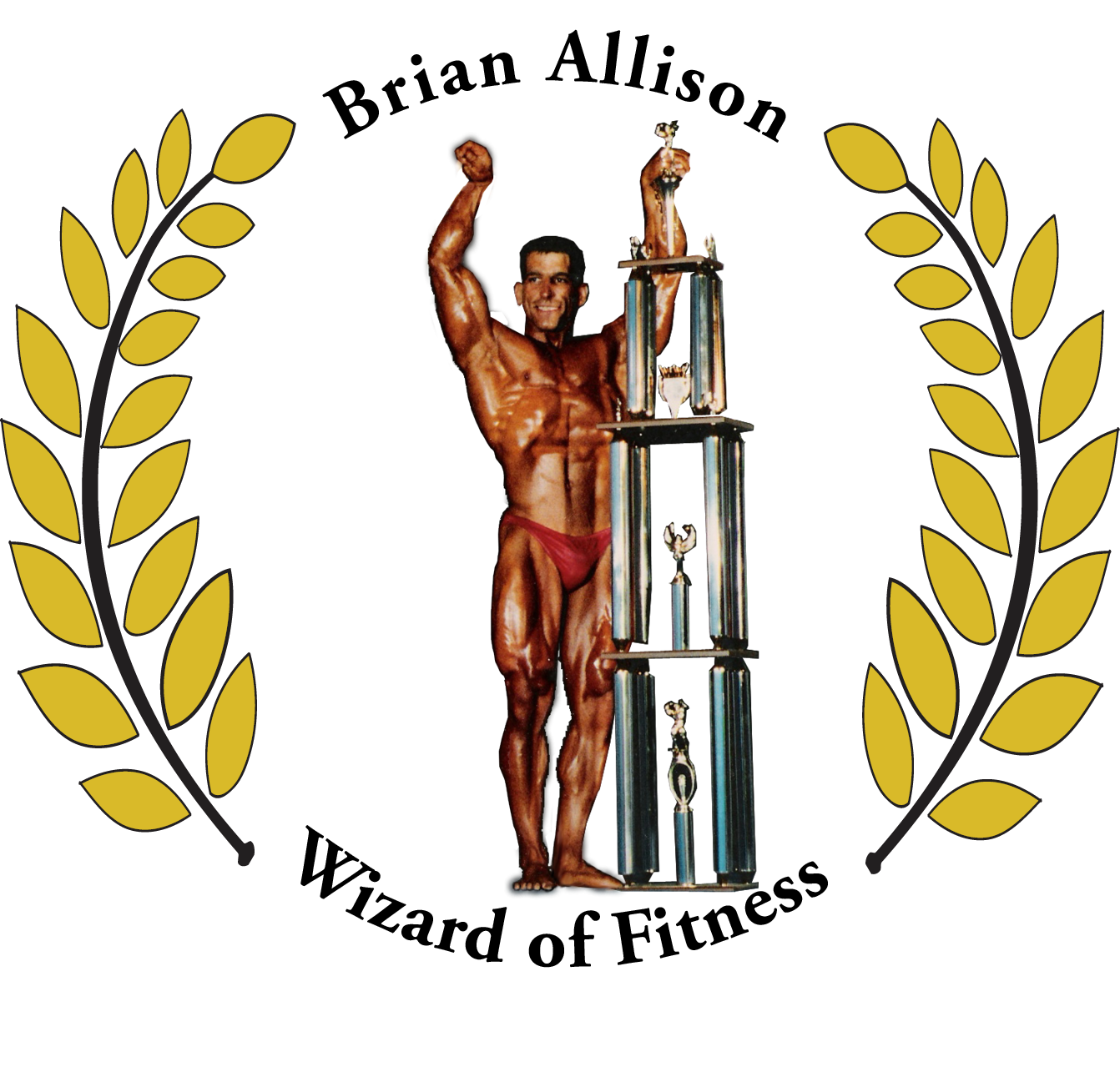 laurel wreath with bodybuilder posing with arms overhead